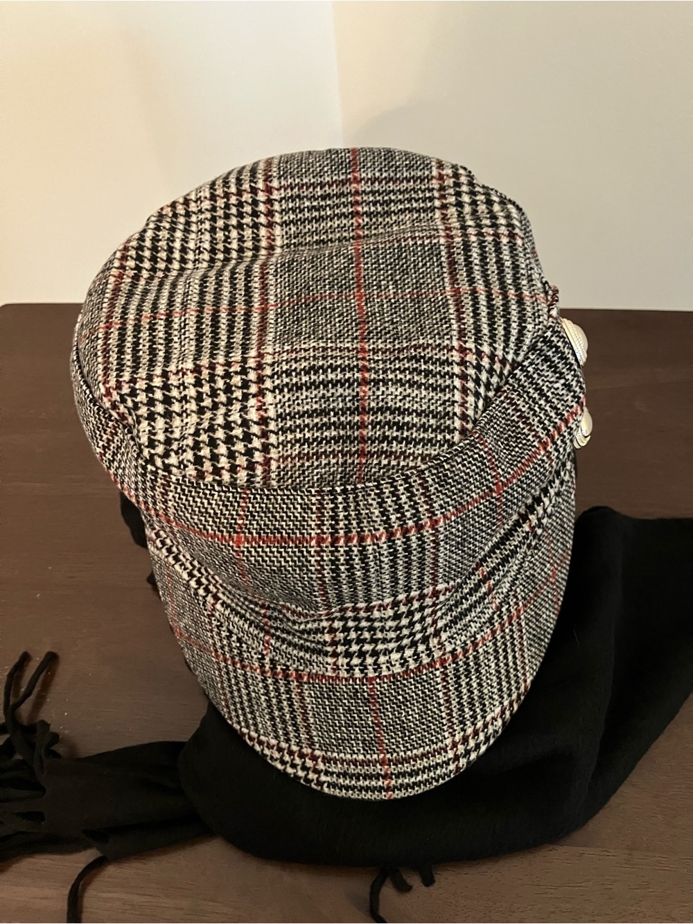 Magid Women’s Plaid Black Red Beige Tan Newsboy Cap with Accent Buttons